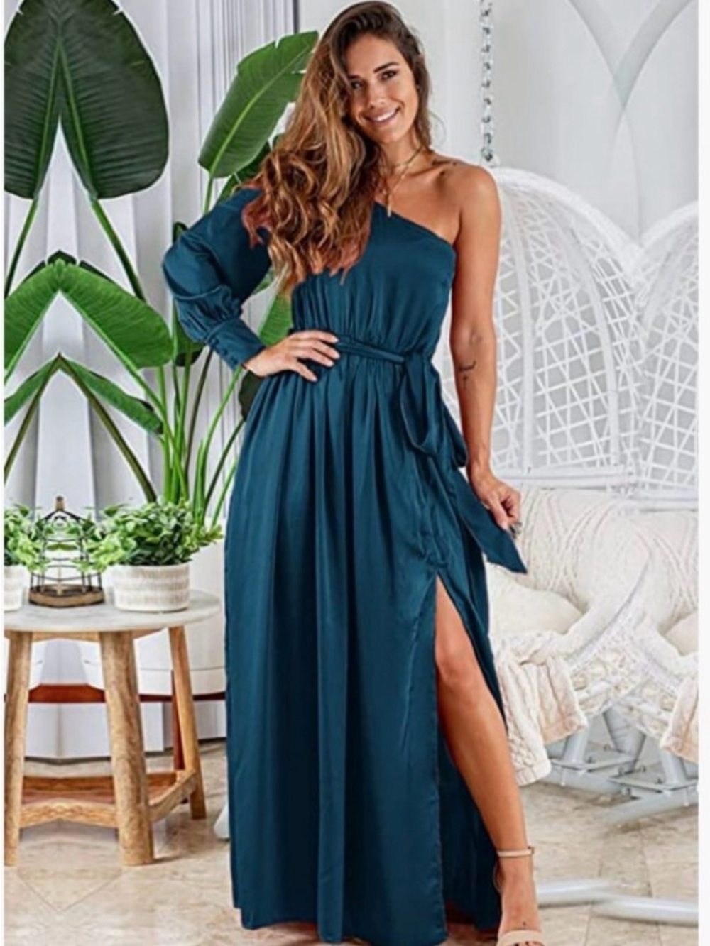 One-Shoulder Teal Maxi Dress with Tie Waist and High Slit